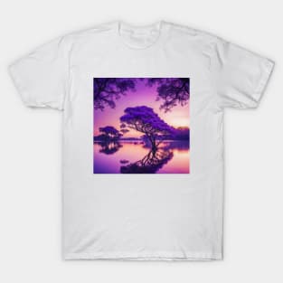 Serene Jacaranda Tree Lake Sunset Reflections T-Shirt